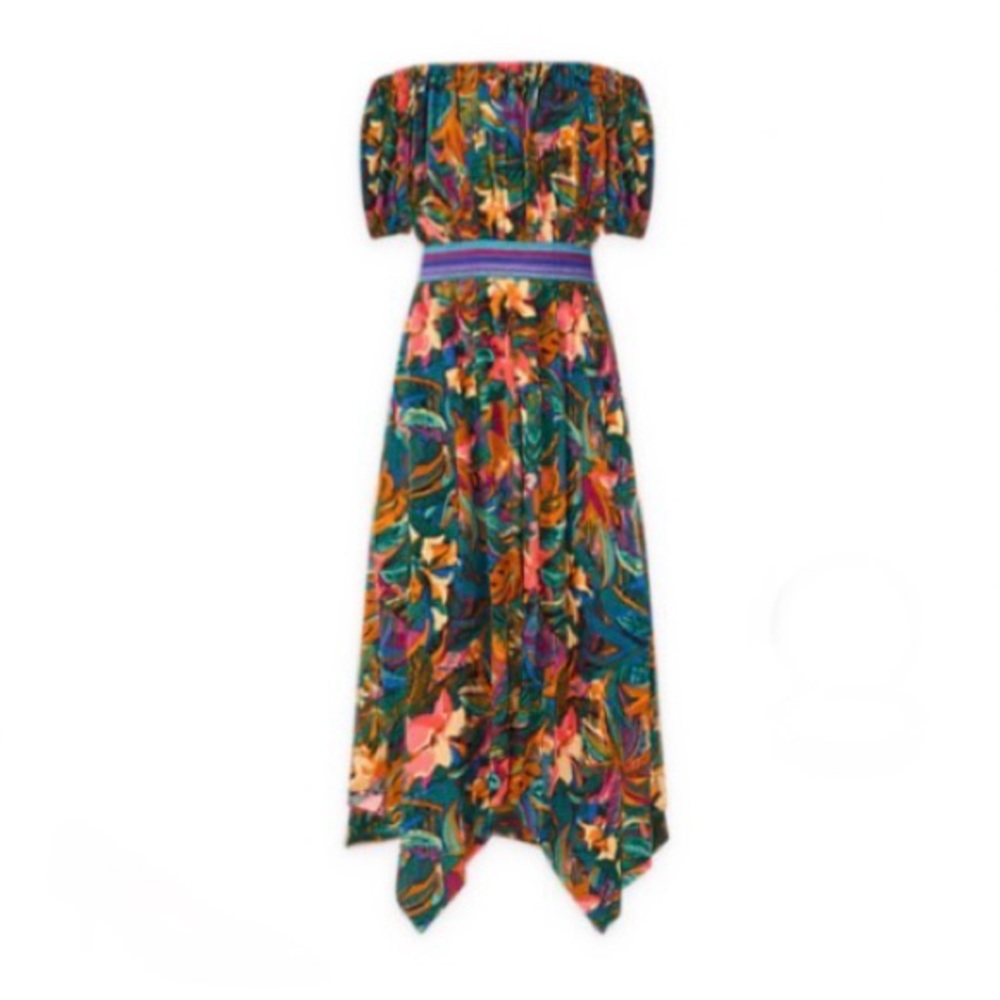 Vince Camuto Off the Shoulder Tropical Floral Smock Waist Maxi Dress-Small, NWT